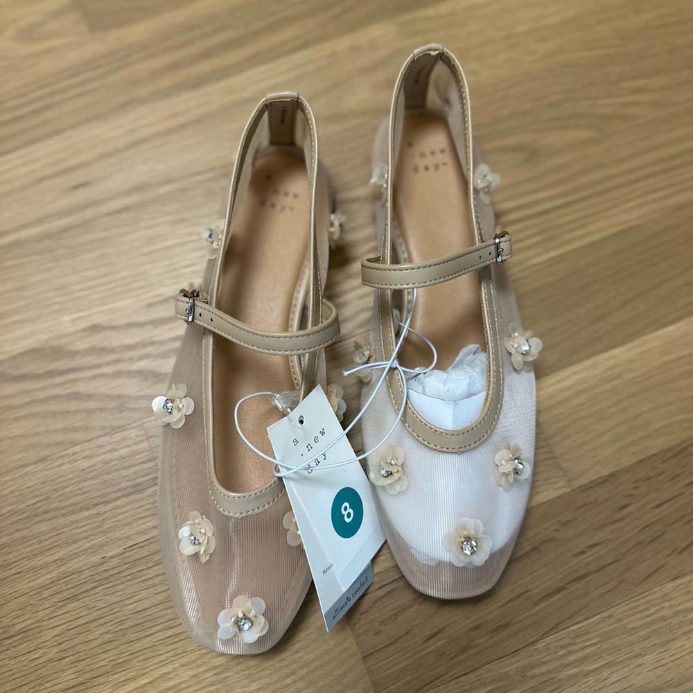 a new day Tan and White Flats with Floral Embellishments